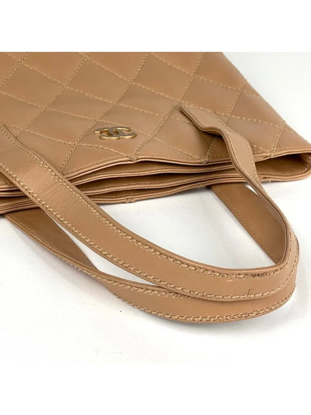 Chanel Wild Stitch Tote CC Logo Leather Beige